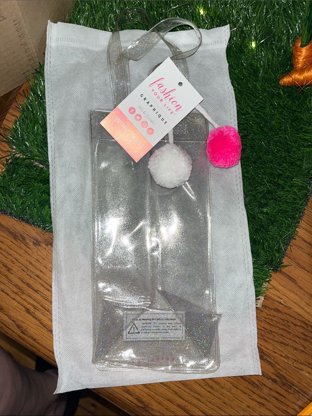 GRAPHIQUE Clear Glitter Wine Tote with Pink & White Pom Poms